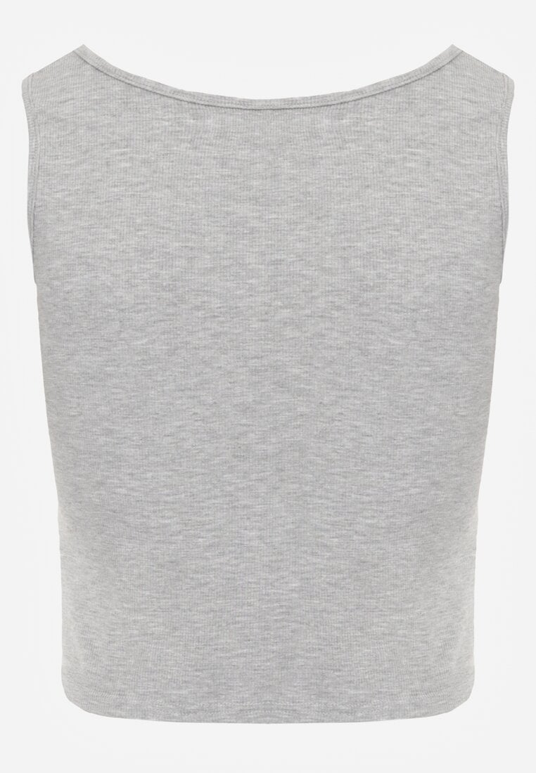 Szary Bawełniany Tank Top w Prążki z Ozdobnymi Guziczkami Bernissa