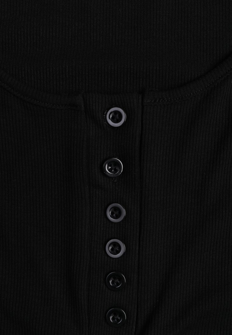 Czarny Bawełniany Tank Top w Prążki z Ozdobnymi Guziczkami Bernissa