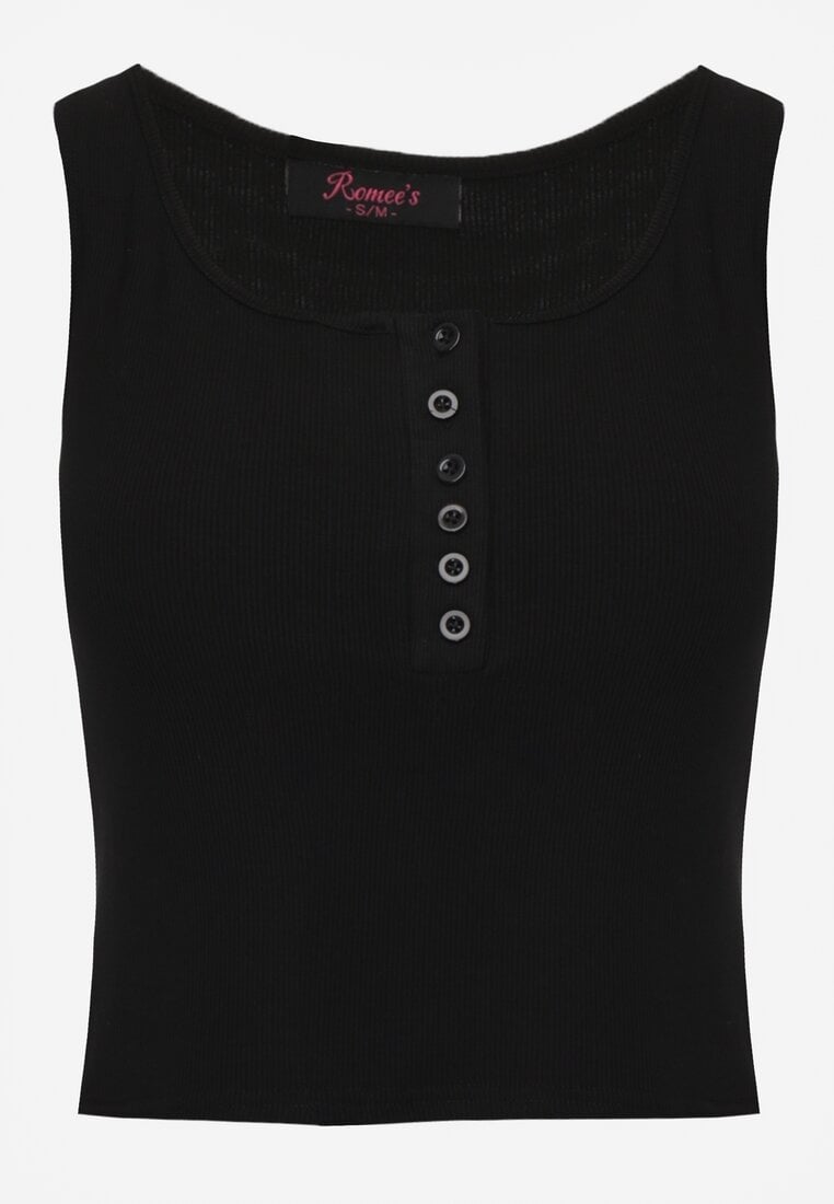 Czarny Bawełniany Tank Top w Prążki z Ozdobnymi Guziczkami Bernissa