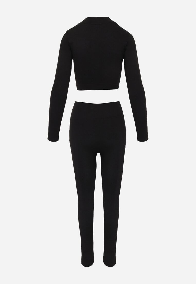 Czarny Sportowy Komplet Spodnie Wiązane w Pasie i Top z Wycięciem na Kciuk Tidale