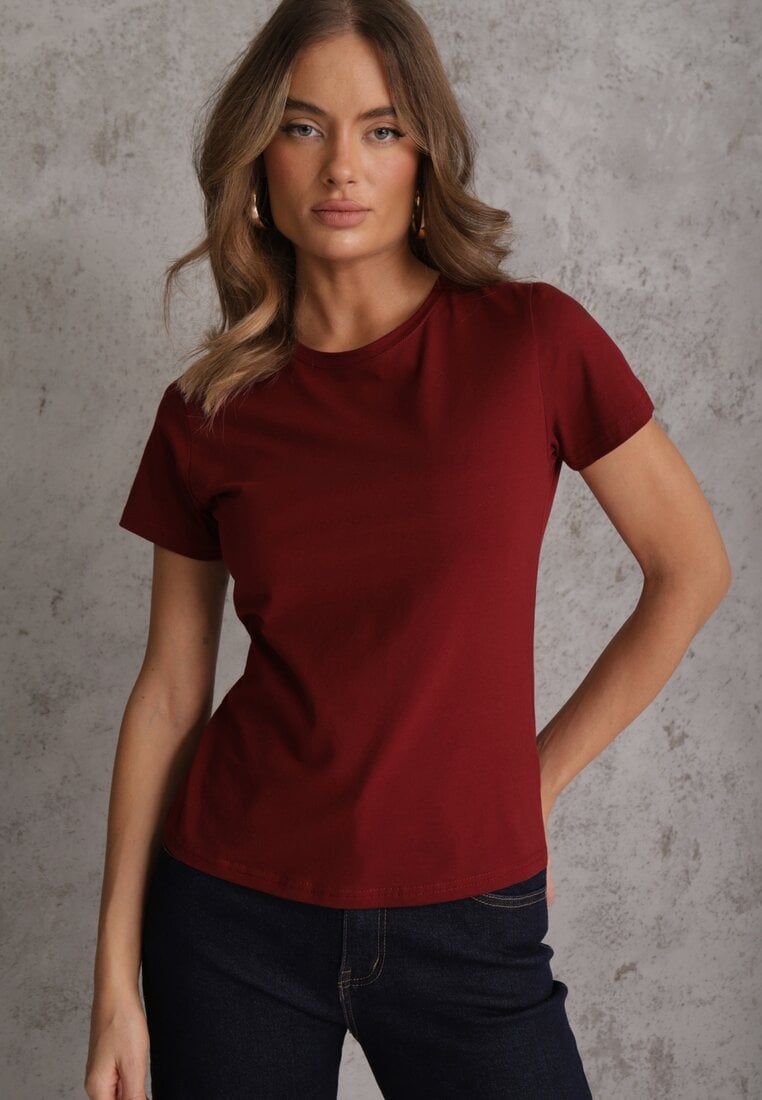 Bordowy T-shirt z Bawełny z Okrągłym Dekoltem Nedima