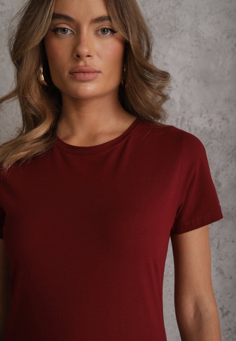 Bordowy T-shirt z Bawełny z Okrągłym Dekoltem Nedima