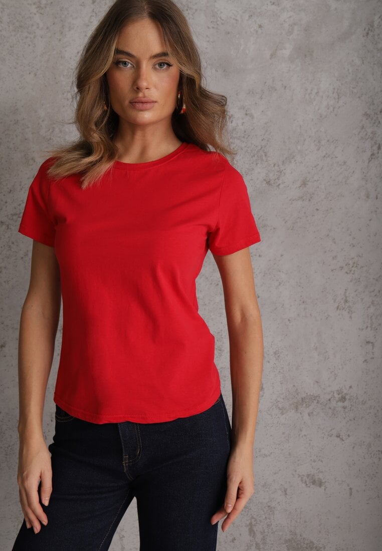 Czerwony T-shirt z Bawełny z Okrągłym Dekoltem Nedima