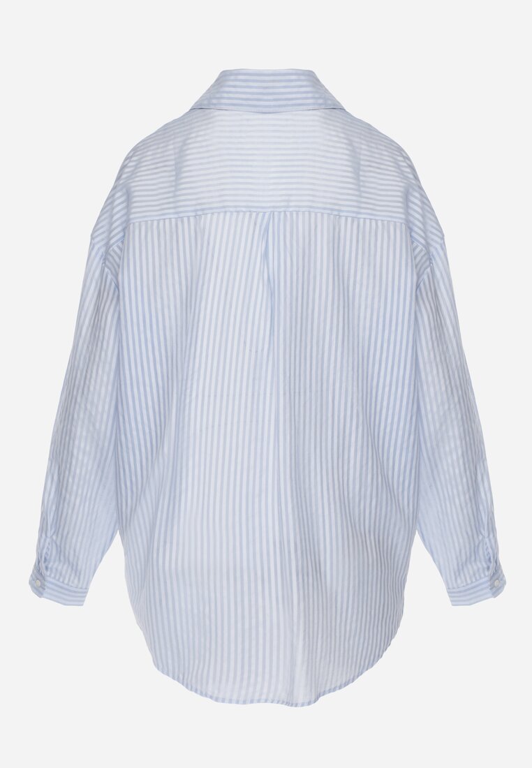 Niebieska Koszula Oversize z Tencelu w Paski z Haftowanym Wzorem Tidore