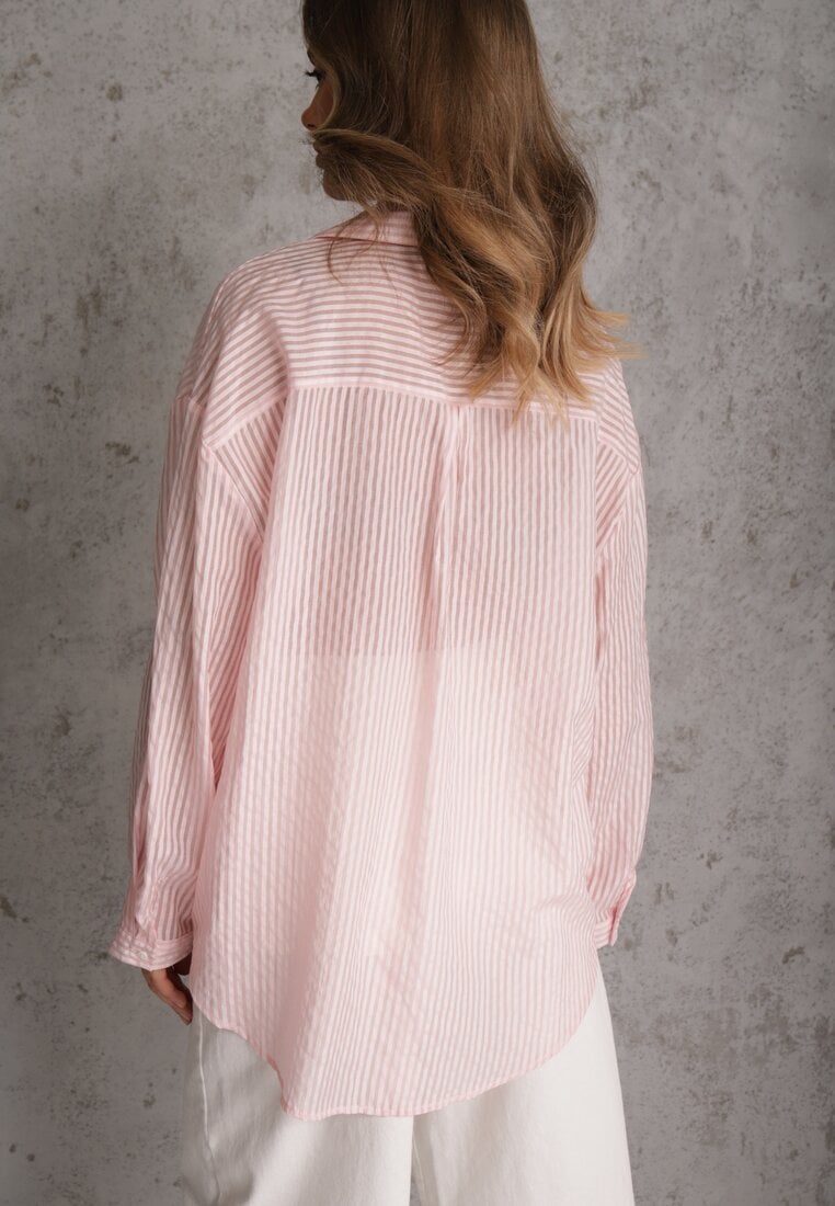 Różowa Koszula Oversize z Tencelu w Paski z Haftowanym Wzorem Tidore