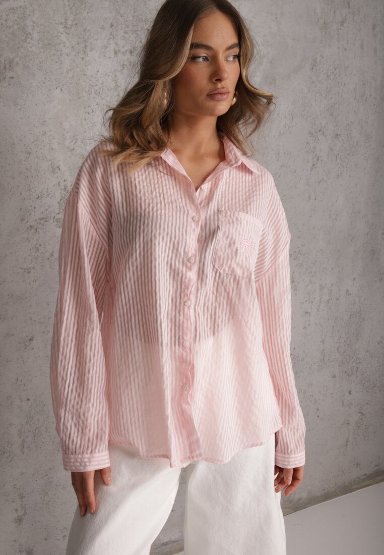 Różowa Koszula Oversize z Tencelu w Paski z Haftowanym Wzorem Tidore