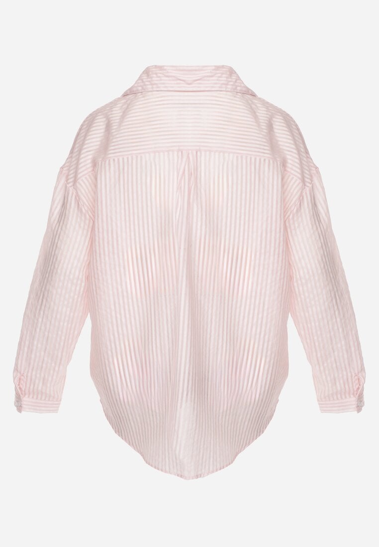 Różowa Koszula Oversize z Tencelu w Paski z Haftowanym Wzorem Tidore