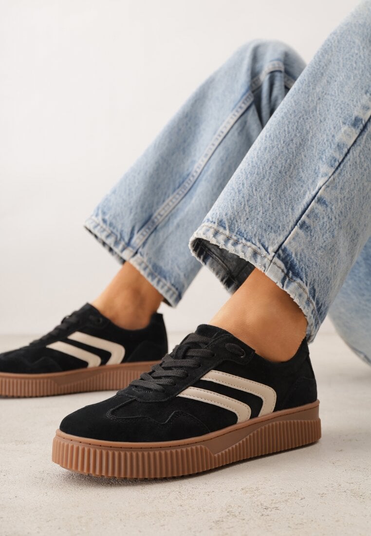 Czarne Sneakersy Retro Tenisówki z Naturalnego Zamszu ze Skórzaną Wkładką Beralene