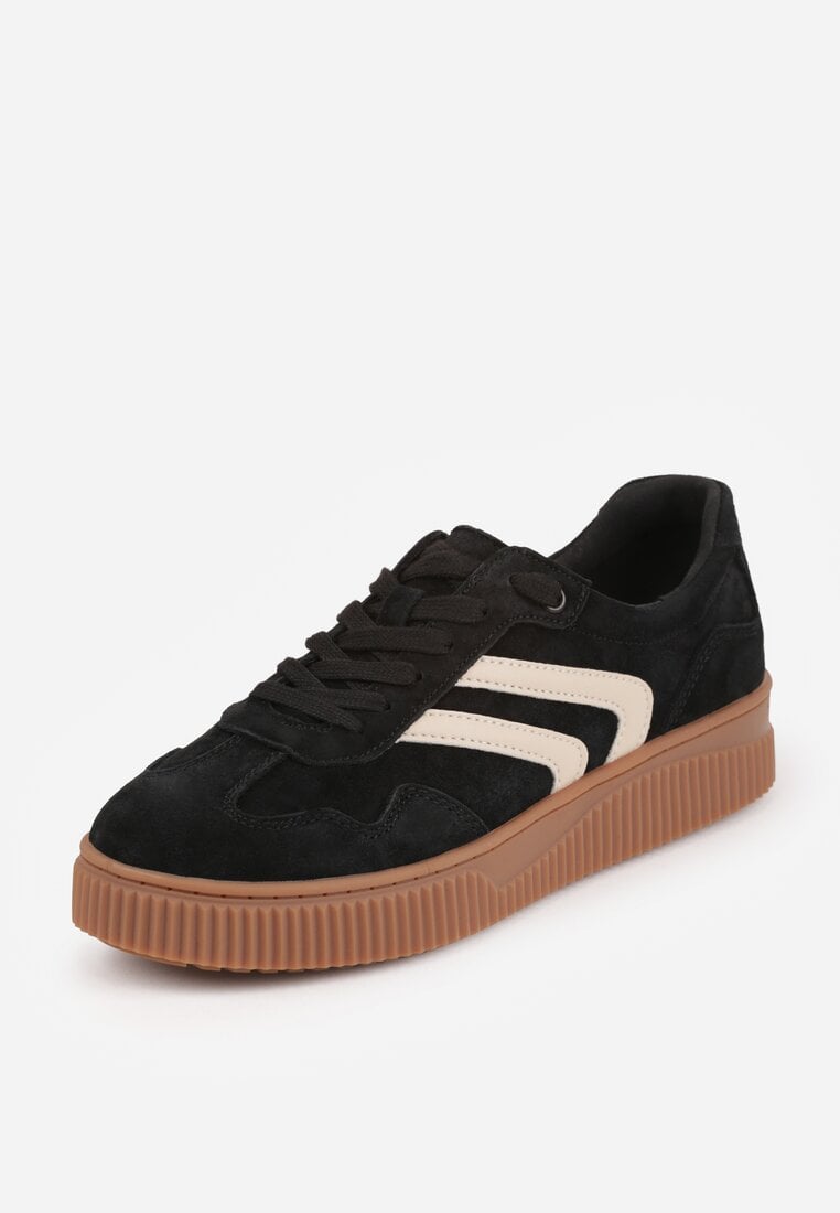 Czarne Sneakersy Retro Tenisówki z Naturalnego Zamszu ze Skórzaną Wkładką Beralene