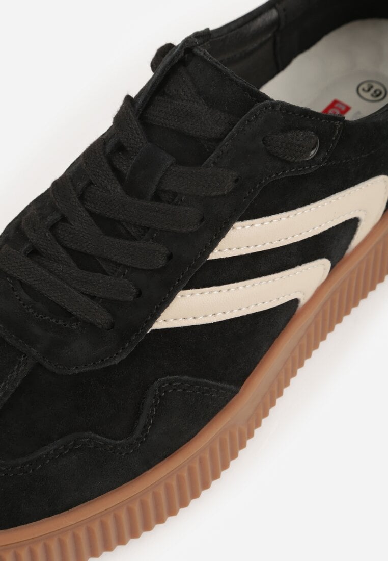 Czarne Sneakersy Retro Tenisówki z Naturalnego Zamszu ze Skórzaną Wkładką Beralene