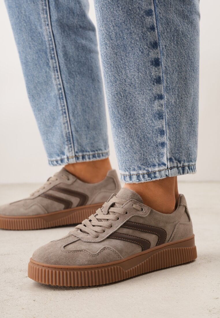 Beżowe Sneakersy Retro Tenisówki z Naturalnego Zamszu ze Skórzaną Wkładką Beralene