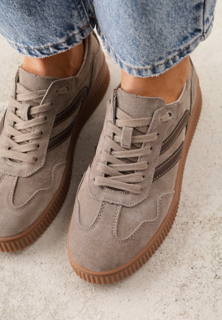 Beżowe Sneakersy Retro Tenisówki z Naturalnego Zamszu ze Skórzaną Wkładką Beralene