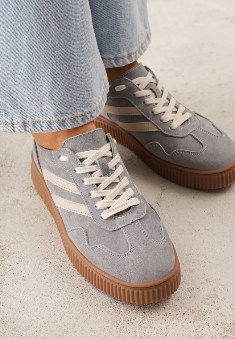 Ciemnoszare Sneakersy Retro Tenisówki z Naturalnego Zamszu ze Skórzaną Wkładką Beralene