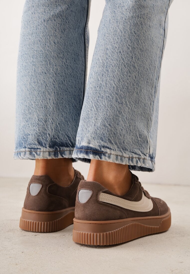 Ciemnobrązowe Sneakersy Kultowe Tenisówki z Zamszu Naturalnego ze Skórzaną Wkładką Rionae