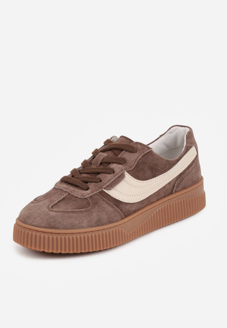 Ciemnobrązowe Sneakersy Kultowe Tenisówki z Zamszu Naturalnego ze Skórzaną Wkładką Rionae