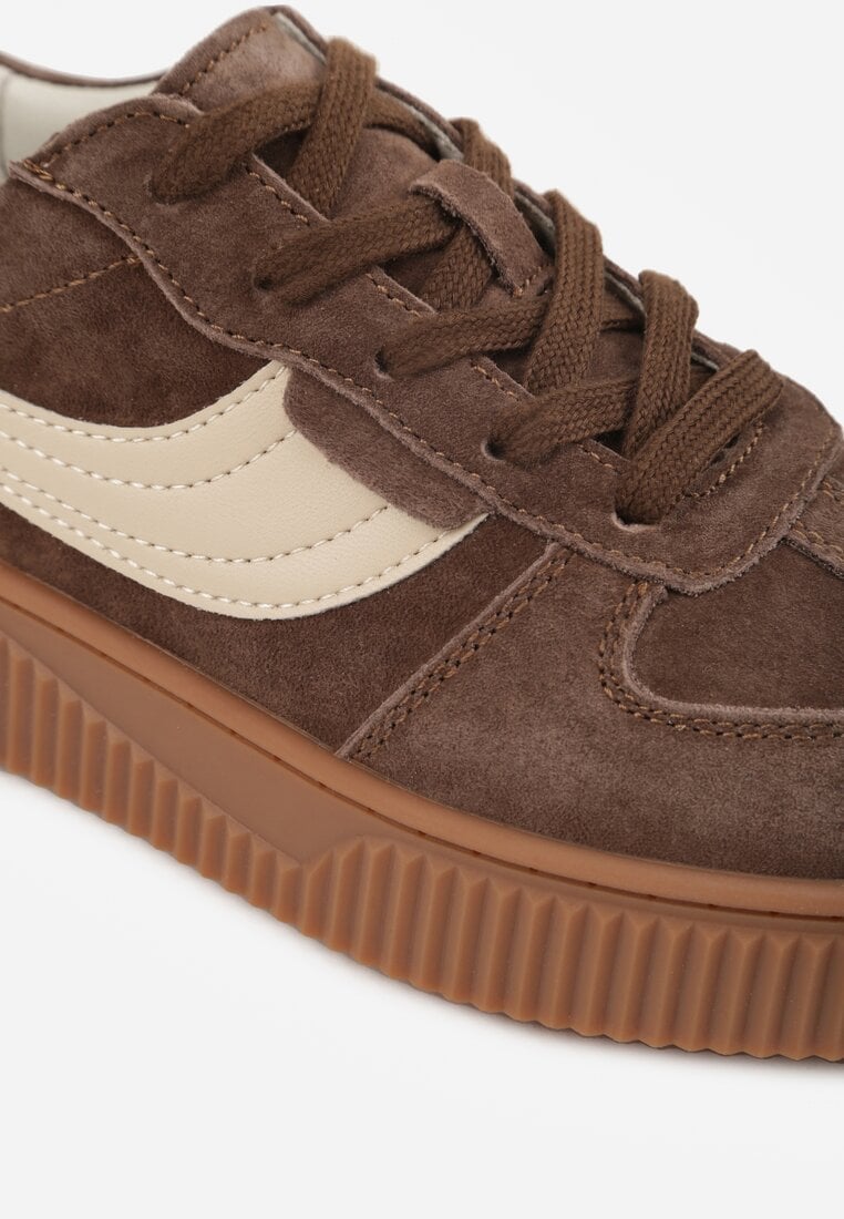 Ciemnobrązowe Sneakersy Kultowe Tenisówki z Zamszu Naturalnego ze Skórzaną Wkładką Rionae