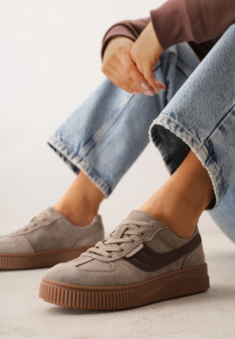 Beżowe Sneakersy Kultowe Tenisówki z Zamszu Naturalnego ze Skórzaną Wkładką Rionae