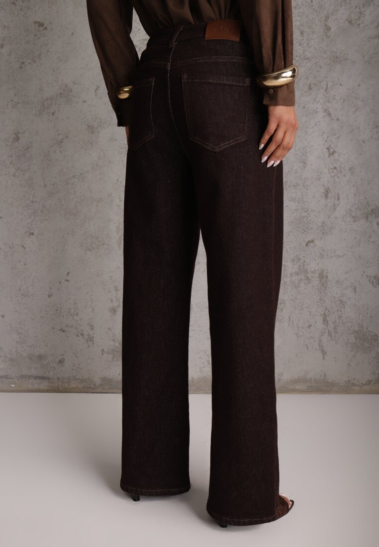 Brązowe Jeansy High Waist Szerokie z Bawełną Azile