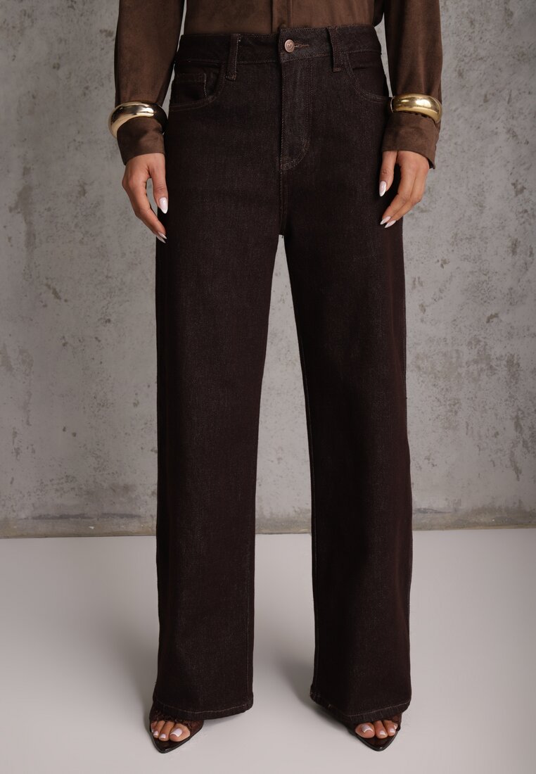Brązowe Jeansy High Waist Szerokie z Bawełną Azile
