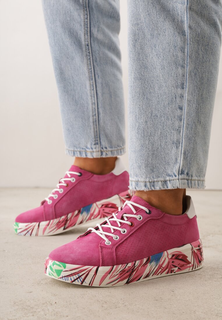 Fuksjowe Skórzane Sneakersy na Plaformie w Pióra z Perforacją Tidessa