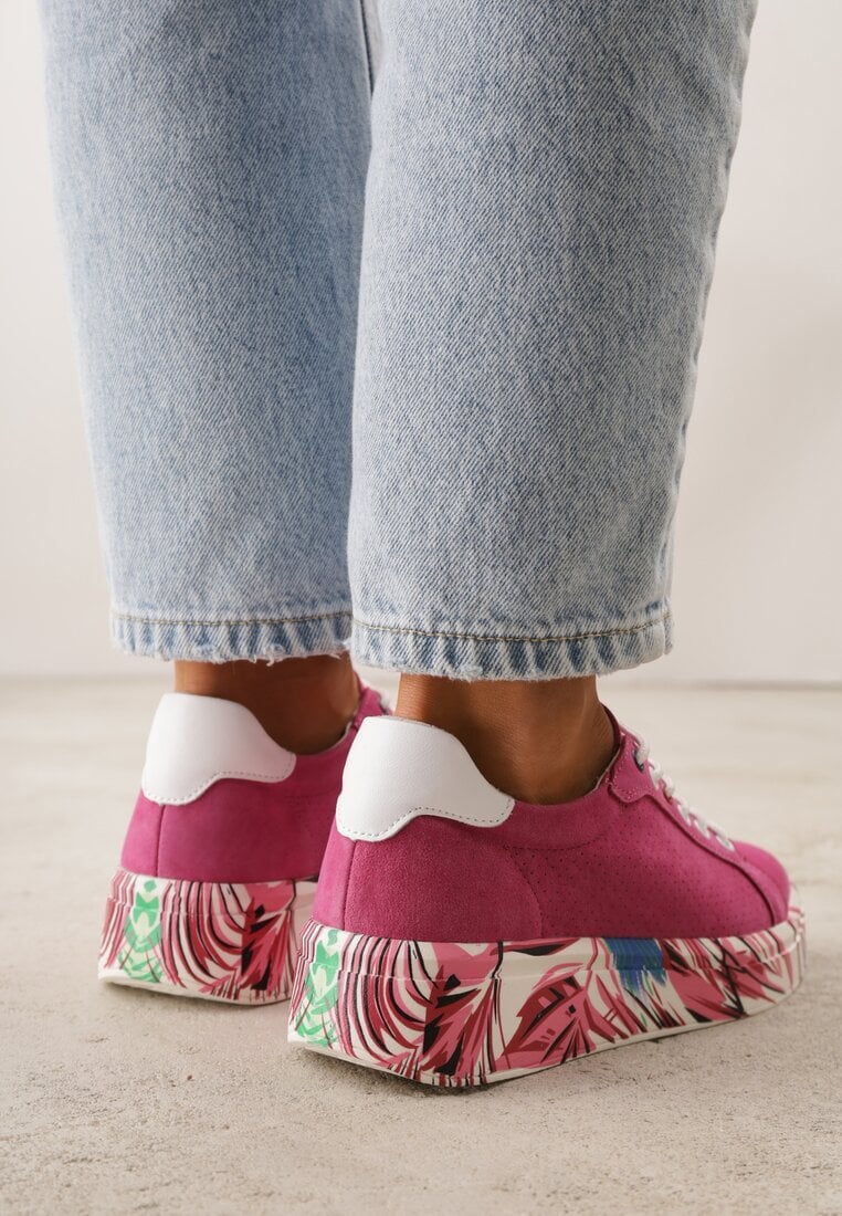 Fuksjowe Skórzane Sneakersy na Plaformie w Pióra z Perforacją Tidessa