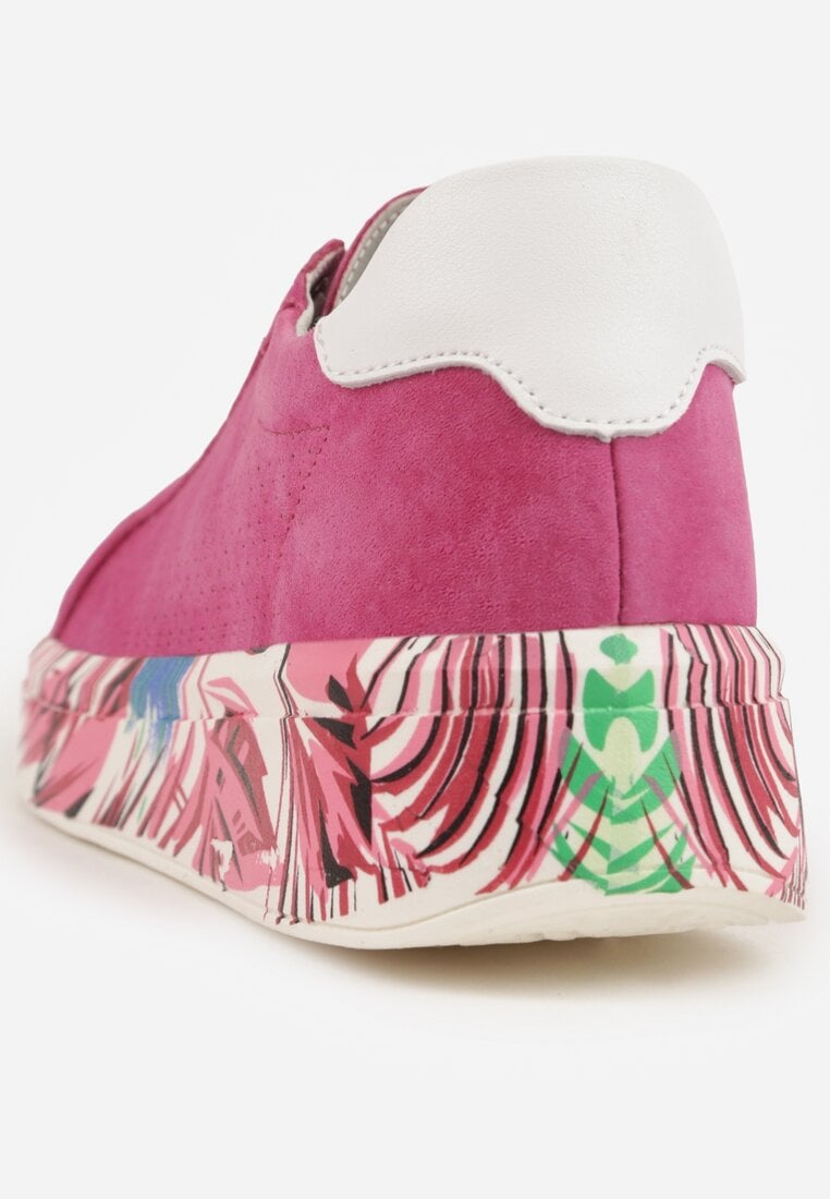 Fuksjowe Skórzane Sneakersy na Plaformie w Pióra z Perforacją Tidessa