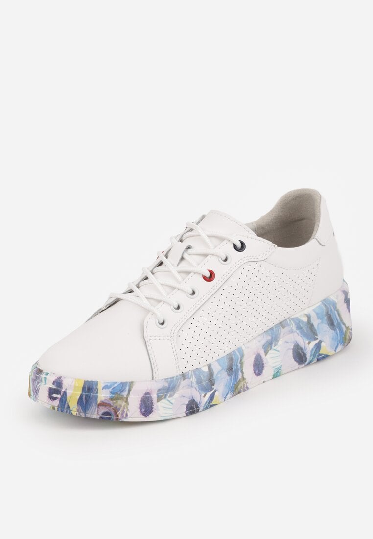 Białe Skórzane Sneakersy na Plaformie w Pióra z Perforacją Tidessa