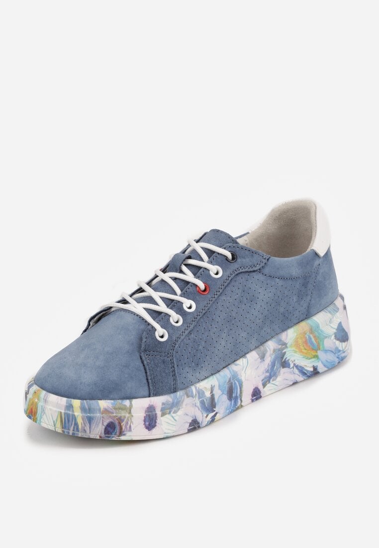 Niebieskie Skórzane Sneakersy na Plaformie w Pióra z Perforacją Tidessa