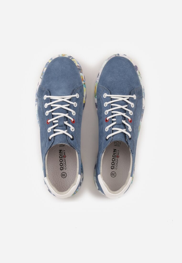 Niebieskie Skórzane Sneakersy na Plaformie w Pióra z Perforacją Tidessa