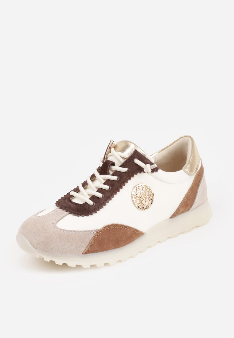 Beżowo-Złote Sneakersy ze Skórzaną Wkładką Ozdobione Metaliczną Aplikacją Tidina