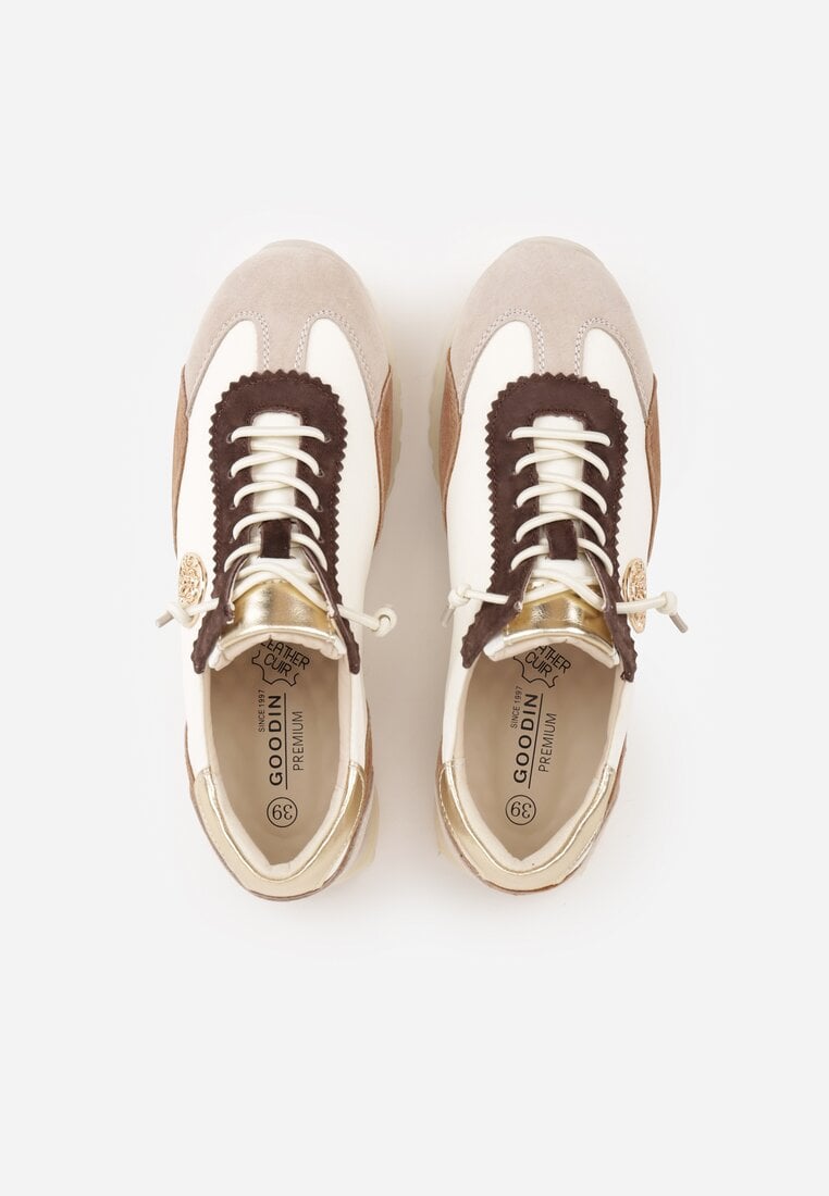Beżowo-Złote Sneakersy ze Skórzaną Wkładką Ozdobione Metaliczną Aplikacją Tidina