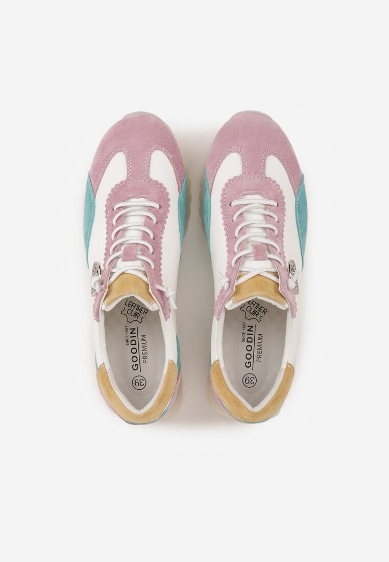 Biało-Fioletowe Sneakersy ze Skórzaną Wkładką Ozdobione Metaliczną Aplikacją Tidina