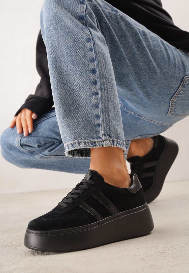 Czarne Sneakersy z Zamszu Naturalnego na Platformie ze Skórzaną Wkładką Rionelle