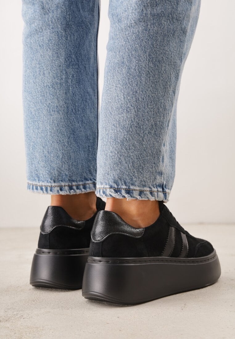 Czarne Sneakersy z Zamszu Naturalnego na Platformie ze Skórzaną Wkładką Rionelle