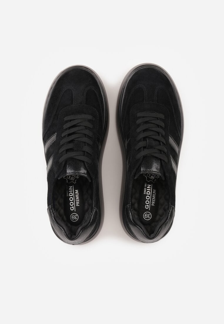 Czarne Sneakersy z Zamszu Naturalnego na Platformie ze Skórzaną Wkładką Rionelle