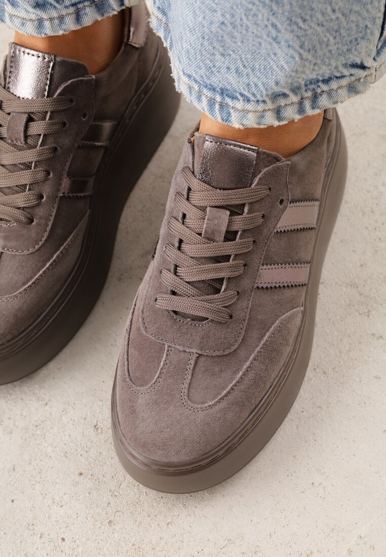 Brązowe Sneakersy z Zamszu Naturalnego na Platformie ze Skórzaną Wkładką Rionelle