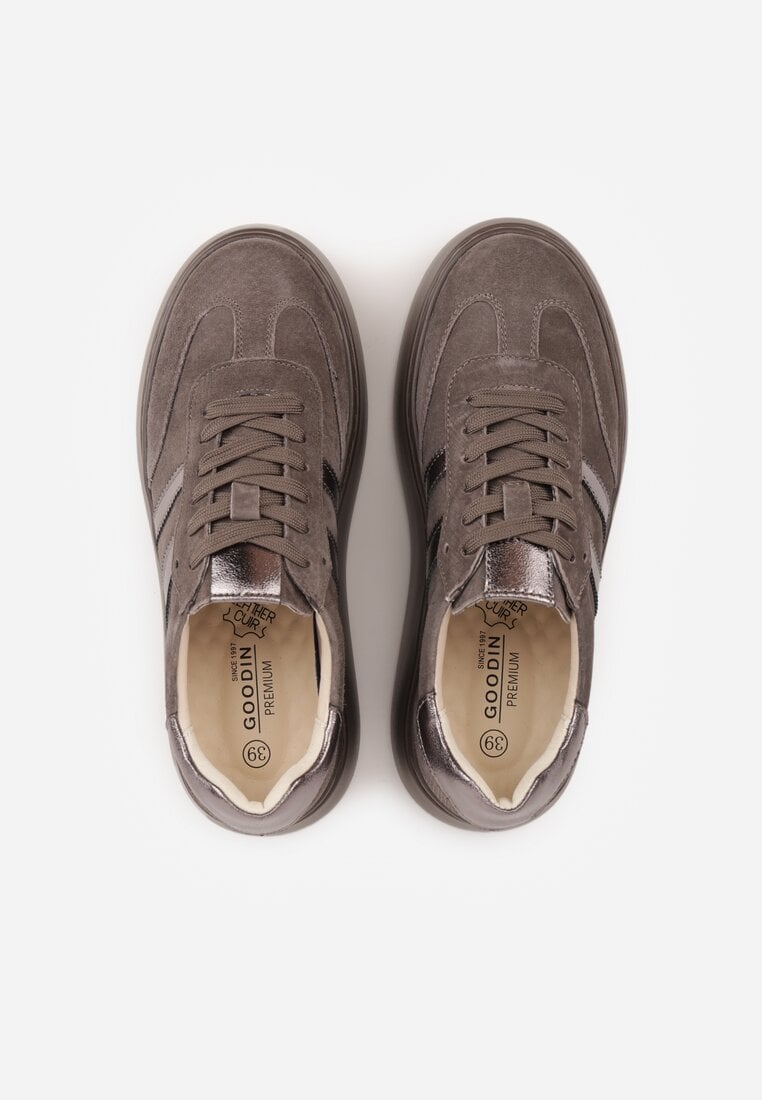 Brązowe Sneakersy z Zamszu Naturalnego na Platformie ze Skórzaną Wkładką Rionelle