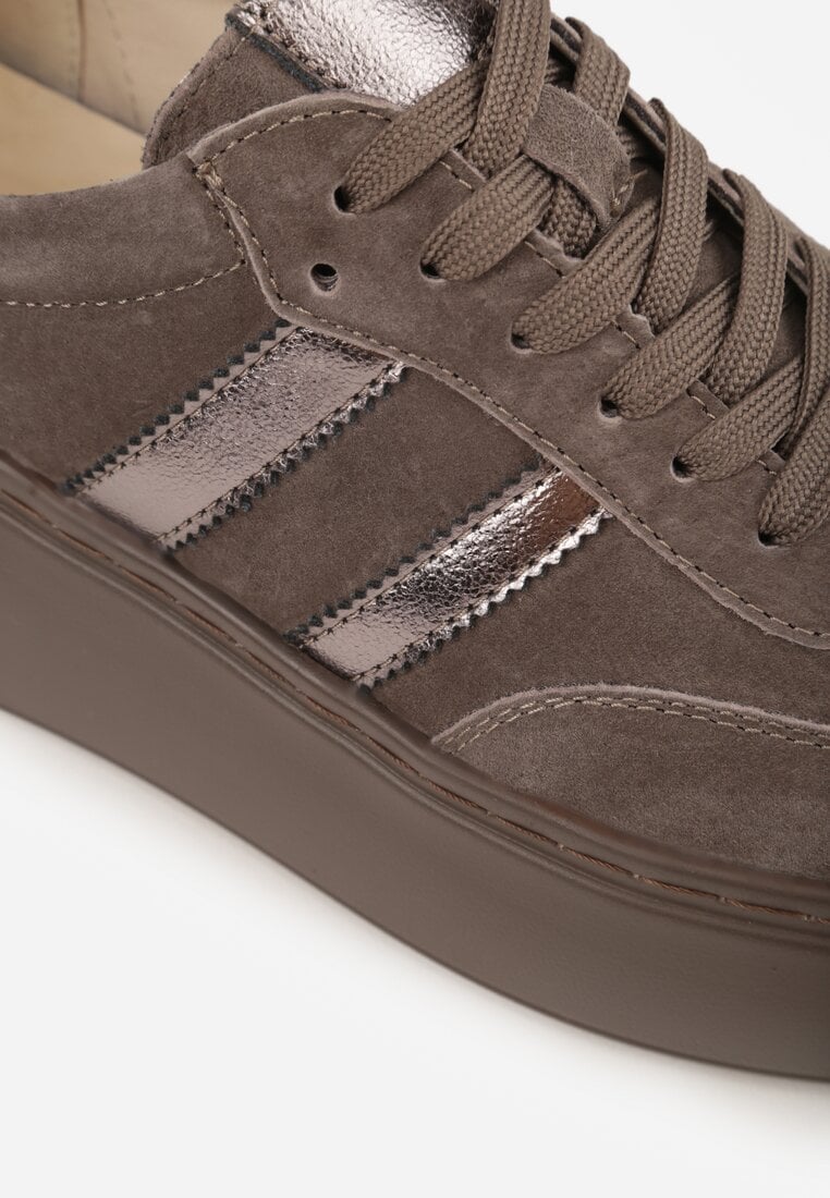 Brązowe Sneakersy z Zamszu Naturalnego na Platformie ze Skórzaną Wkładką Rionelle