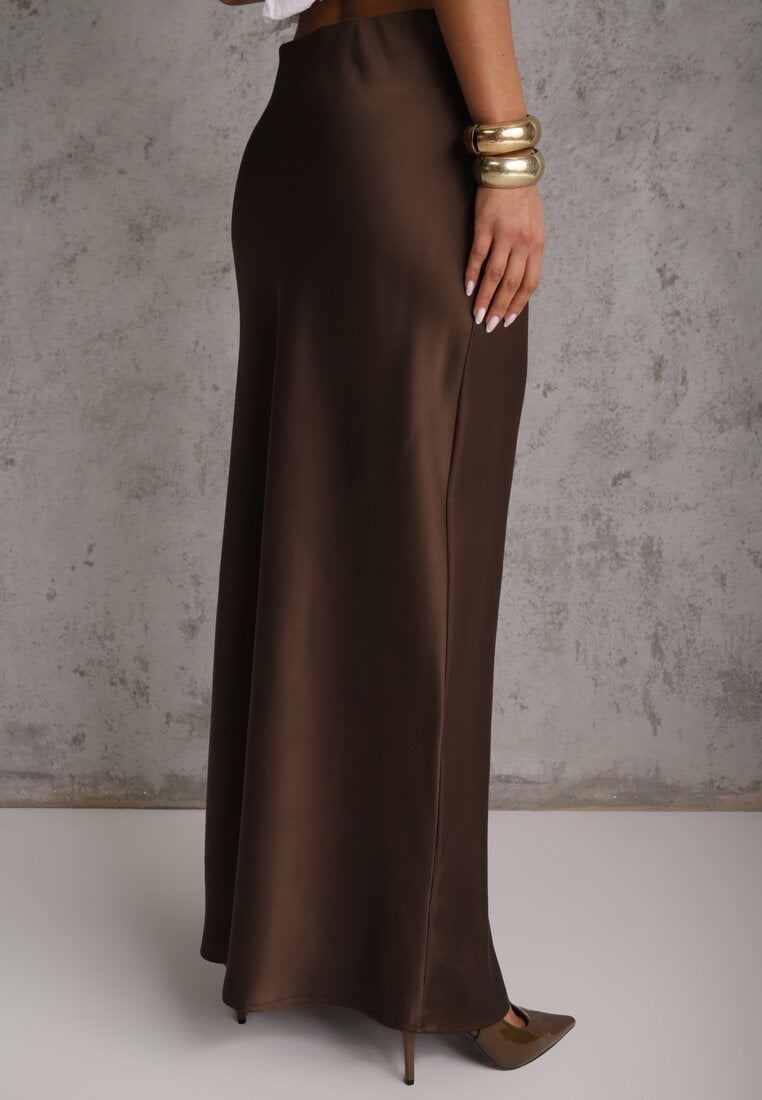 Brązowa Satynowa Spódnica Maxi High Waist Formia