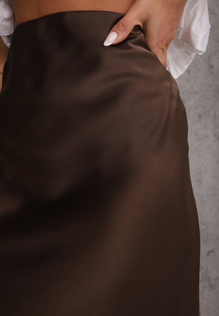 Brązowa Satynowa Spódnica Maxi High Waist Formia