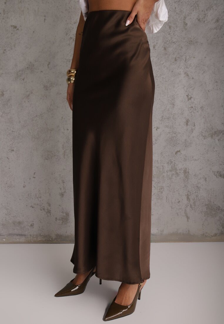 Brązowa Satynowa Spódnica Maxi High Waist Formia