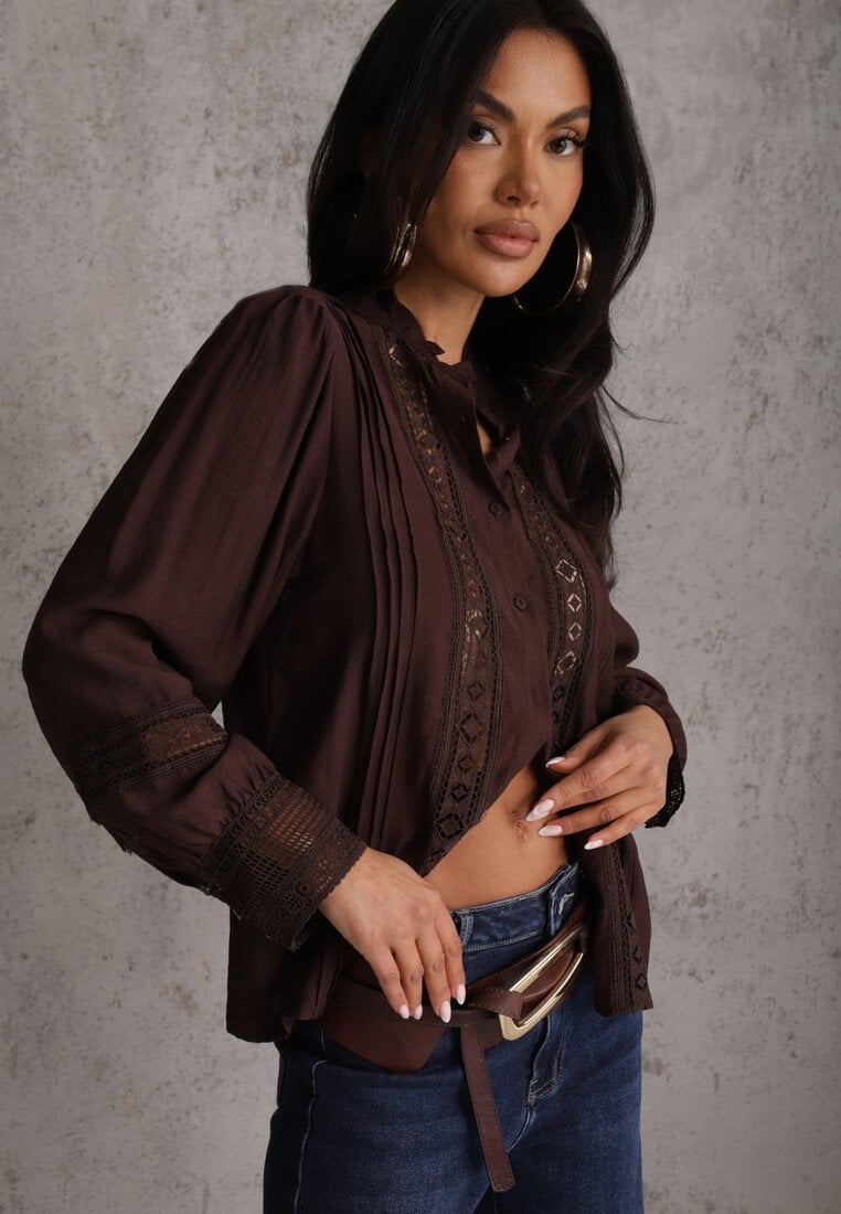 Brązowa Koszula ze Stójką i Koronką Phaeninca