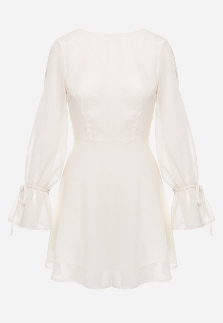 Beżowa Sukienka Vices Ozdobiona Transparentnymi Rękawami i Kropkami Celziva