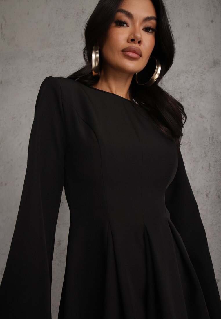 Czarna Rozkloszowana Sukienka VICES z Rozszerzanymi Rękawami Natileza