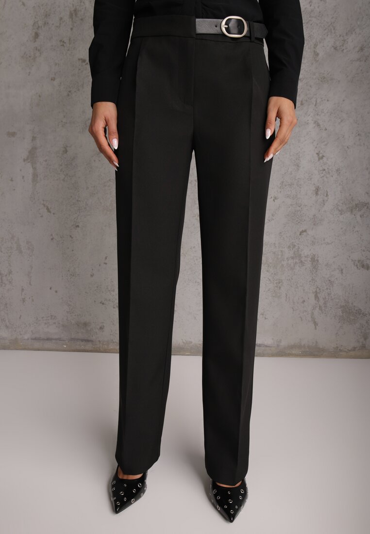 Czarne Spodnie Garniturowe na Kant VICES Zdobione Zapięciem z Klamrą Azisore