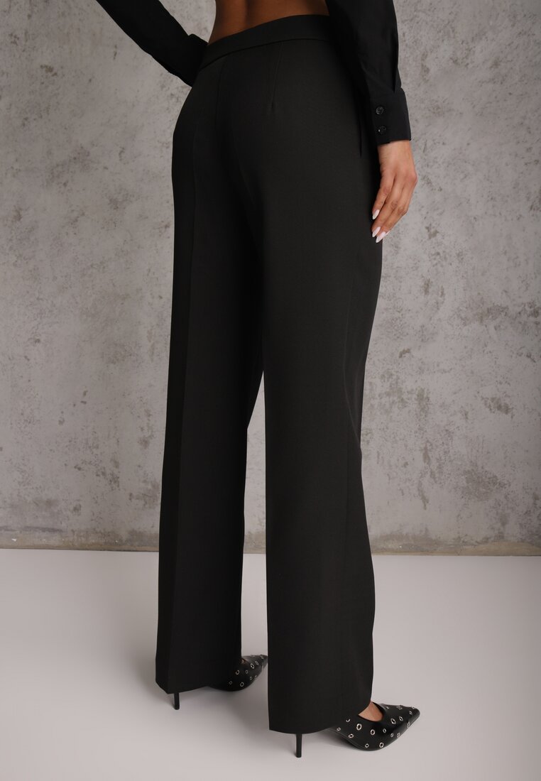 Czarne Spodnie Garniturowe na Kant VICES Zdobione Zapięciem z Klamrą Azisore