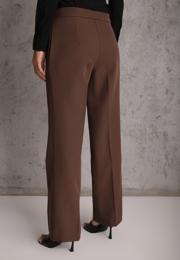 Brązowe Spodnie Garniturowe na Kant VICES Zdobione Zapięciem z Klamrą Azisore