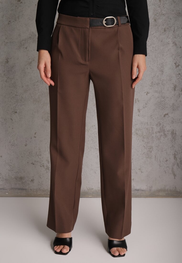 Brązowe Spodnie Garniturowe na Kant VICES Zdobione Zapięciem z Klamrą Azisore
