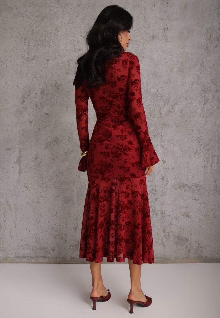 Czerwona Wieczorowa Sukienka VICES z Siateczki z Kwiatowym Wzorem z Weluru Azinene