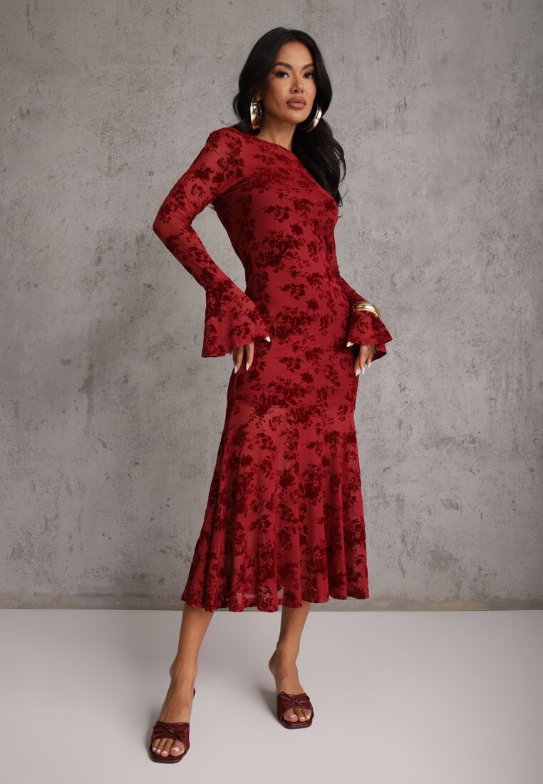 Czerwona Wieczorowa Sukienka VICES z Siateczki z Kwiatowym Wzorem z Weluru Azinene